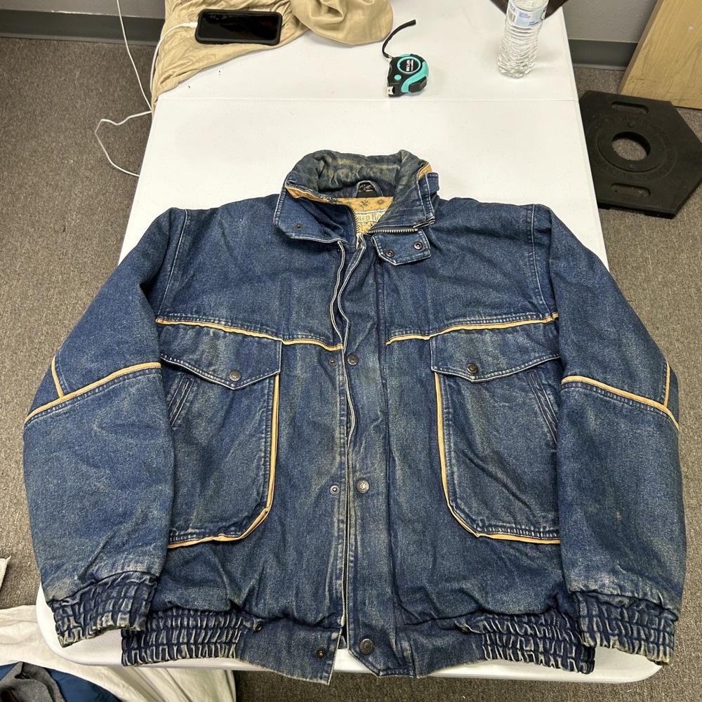 Rugged Run Denim Bomber Jacket Mens Large Blue Vintage Map Lining Piping